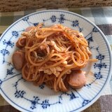 魚肉ソーセージと卵白のケチャップパスタ